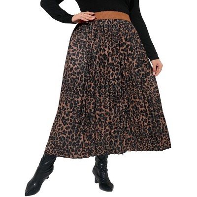 Clearlove Plus Size Pleated Skirt Women's Elastic Waist Boho  Midi Skirts with Pockets