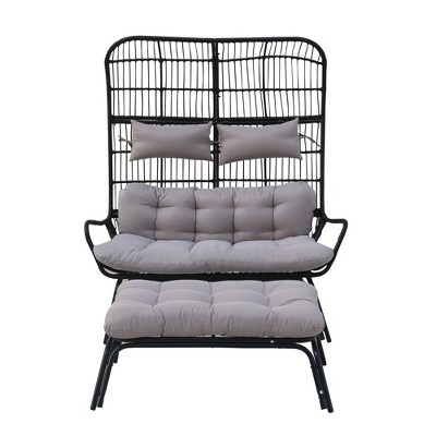 Indoor Outdoor Double Egg Chair with Ottoman Padded Cushions,Wicker Lounge Chair Deep Seating Chair with Footrests,Loveseat for Patio Porch Backyard
