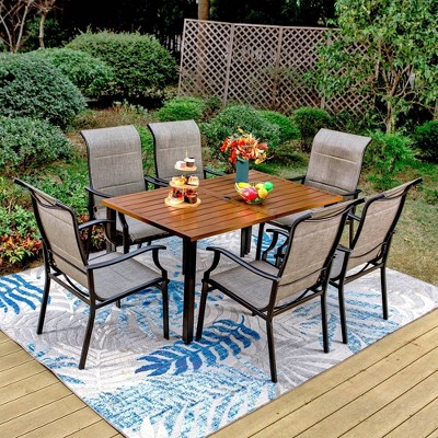 7pc Patio Dining Set With Wood Grain Tabletop & Metal Padded Arm Chairs ...