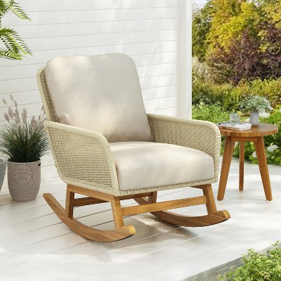 Elegant Wicker Rocking Chair with Cushions, Wooden Glider Rocker Recliner w/ Rattan Armrest Perfect for Indoor and Outdoor Use, Ivory - Merax