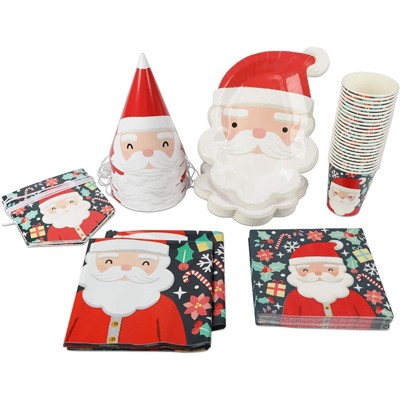 Blue Panda 99 Piece Christmas Santa Disposable Party Supplies Serves 24 - Hat, Tablecloth, Banner, Napkin, Cup & Cutlery