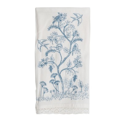 Chinoiserie Pattern 27 x 18 Inch Embroidered Kitchen Tea Towel with Hand Sewn Lace Trim - Foreside Home & Garden