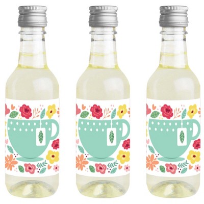 Big Dot of Happiness Floral Let's Par-Tea - Mini Wine and Champagne Bottle Label Stickers - Garden Tea Party Favor Gift for Women and Men - Set of 16