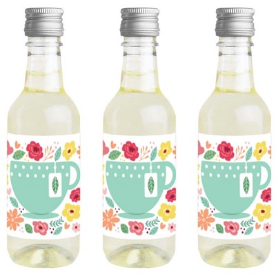 Big Dot of Happiness Floral Let's Par-Tea - Mini Wine and Champagne Bottle Label Stickers - Garden Tea Party Favor Gift for Women and Men - Set of 16