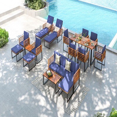 Acacia Wood and Metal 5-Piece Patio Set with Navy Cushions