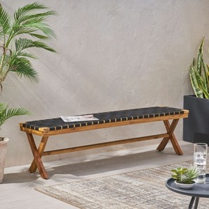 GDFStudio Angie Outdoor 61" Acacia Wood and Rope Bench, Black/Teak - 1 of 4