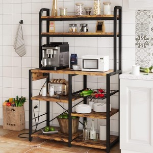 Bakers Rack with Power Outlet, 6-Tier Kitchen Storage Shelf with Microwave Stand Coffee Bar & Wire Drawer, Rustic Brown. - 1 of 4