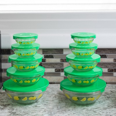 20-Piece Lemon Design Glass Bowls with Green Lids Set