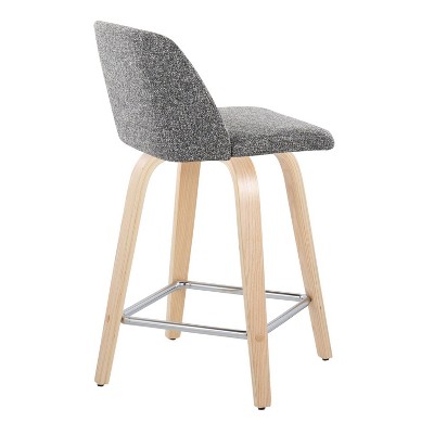 Gray and Natural Wood Swivel Counter Stool with Chrome Footrest