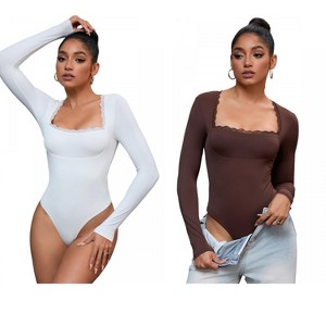INSPIRE CHIC 2 Pcs Women's Lace Square Neck Long Sleeves Tummy Control Body Shapers - 1 of 4