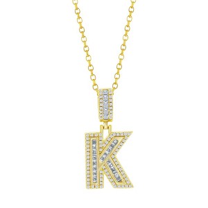 Bella Silver Sterling Silver 'K' Baguette CZ Initial 18" Pendant Necklace - Gold Plated - Gold - 1 of 2