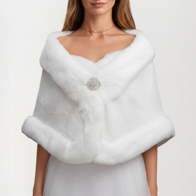 Anna-Kaci Women's Faux Fur Trim Wrap Shawl with Plush Textured Finish Sparkling Brooch Closure and Draped Silhouette 19in - One Size Fits Most, White
