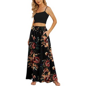 Women's Flowy High-Waist Maxi Skirt - Summer Pleated Long Skirt with Pockets Brown Floral Black - 1 of 4