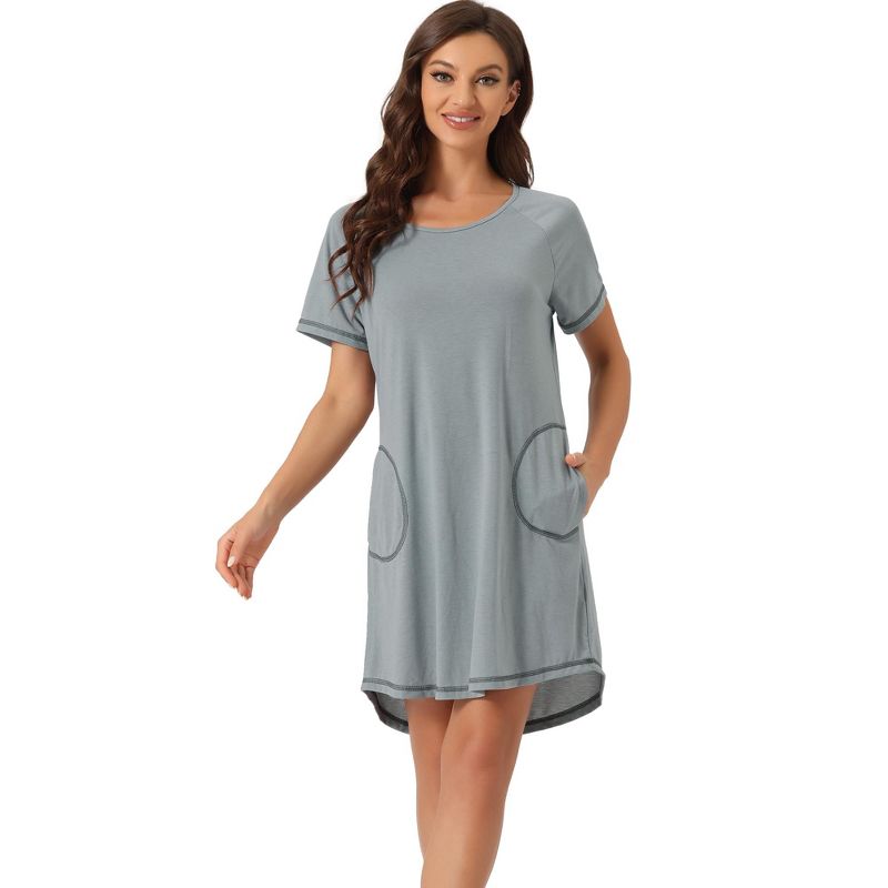 cheibear Women's Round Neck Short Sleeves Pajama Dress with Pockets Nightgowns, 1 of 6