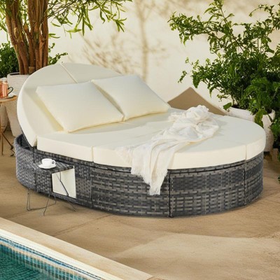 Outdoor Patio Rattan Round Daybed Sunbed with Adjustable Backrests and Foldable Cup Trays