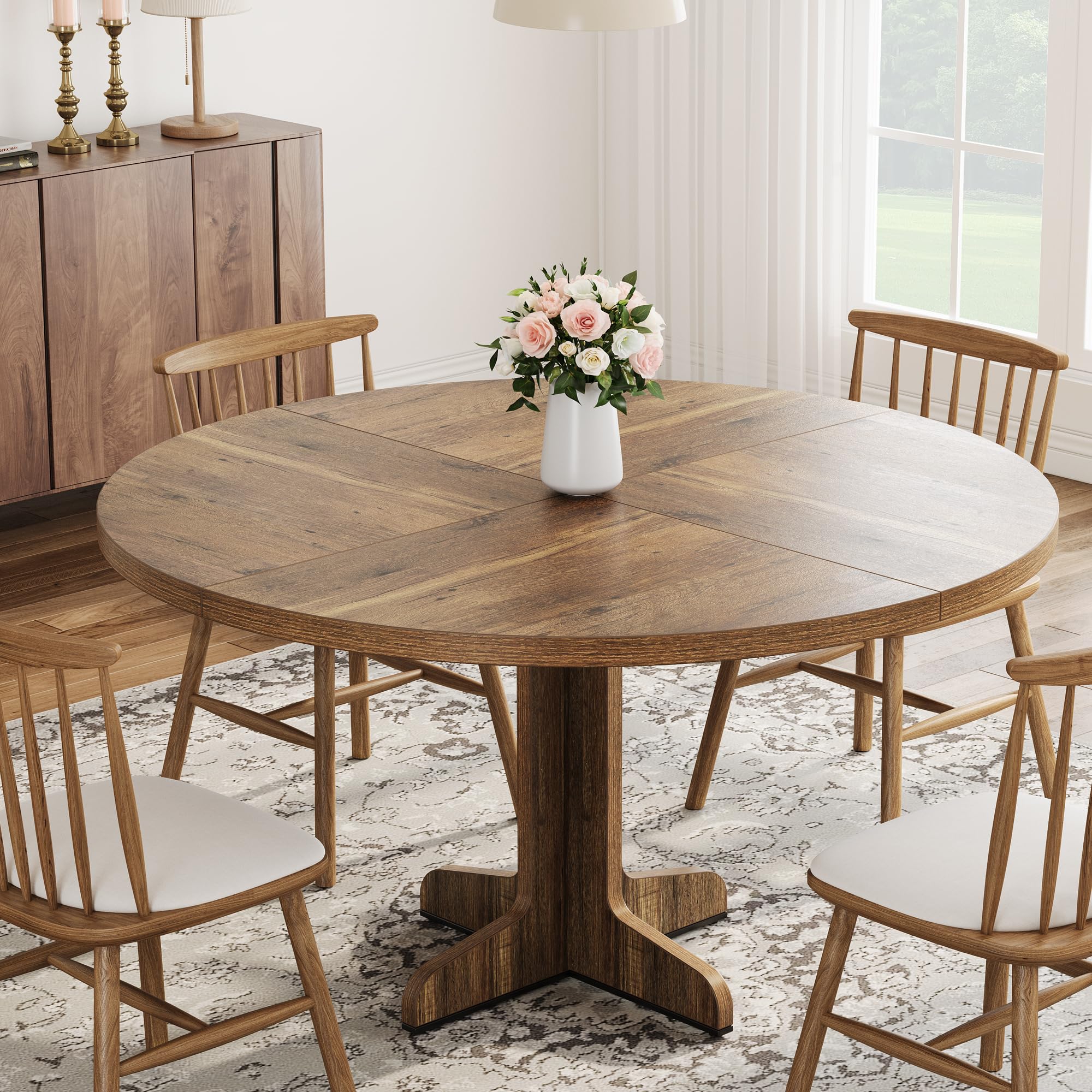 Garvee Round Dining Table for 4-6 People, 47 Inch Farmhouse Kitchen Table with Wooden Tabletop and Stable Base, for Dining Room Living Room, Brown