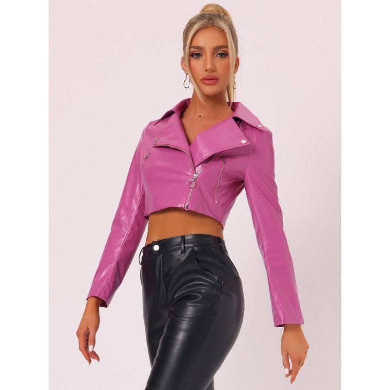 Allegra K Women's Faux Leather Long Sleeve Zipper Up Moto Cropped Jacket, 4 of 6