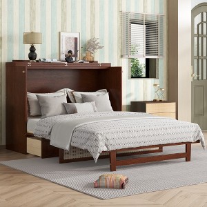 TIRAMISUBEST Queen Size Murphy Bed Wall Bed, Pine Wood Murphy Cabinet Bed with Rattan Decoration and Storage Drawer - 1 of 4