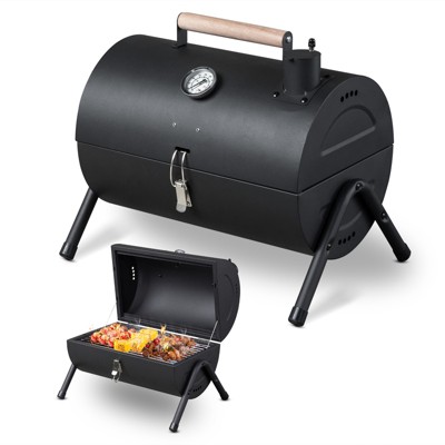 KTMBDW Portable Charcoal Grill with Thermometer & Wooden Handle, Compact Tabletop Barbecue Grill for Outdoor Camping BBQ Grilling Backyard Party,Black
