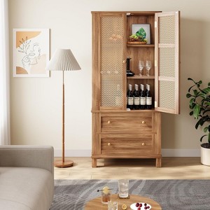 Rattan Kitchen Sideboard,2 Rattan Doors and 2 Drawers, 74x40x163 cm, Tall Storage Cabinet with Height-Adjustable Shelves for Garden,Patio,Kitchen - 1 of 4