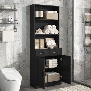 TIRAMISUBEST Bathroom Storage Cabinet, Cabinet with Two Doors and Drawers, Adjustable Shelf, Three-layer Open Shelf, MDF Board, Black - 1 of 4