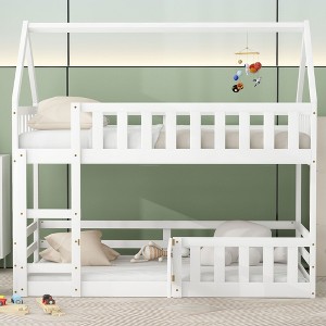 CAVINAS Twin Size Bunk Bed House Shaped Wood Bed Frame with Door, Ladder and Guardrail for Bedroom - 1 of 4