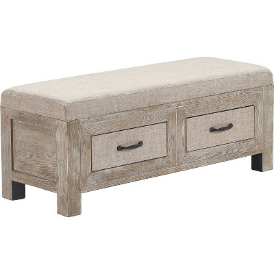 Weathered Ash Cottage-Inspired Upholstered Storage Bench with Black Metal Accents