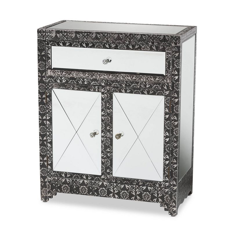 Wycliff Metal and Mirrored Glass 1 Drawer Sideboard Buffet Dark Gray/Silver - Baxton Studio, 1 of 11