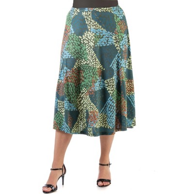 24seven Comfort Apparel Green Print Midi Length Plus Size Skirt : Target