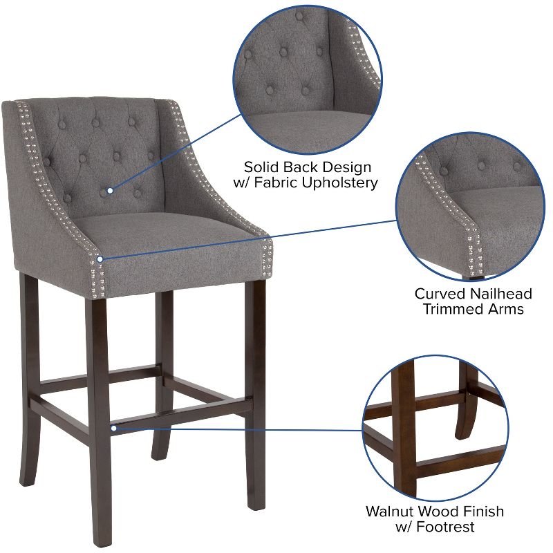 Emma and Oliver 30"H Transitional Tufted Upholstered Walnut Barstool-Accent Nails, 4 of 13