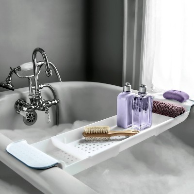 Expandable White and Blue Plastic Bathtub Tray