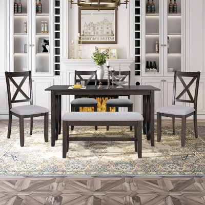 CAVINAS Dining Table Set for 6 Solid Wood Space Saving Foldable Table and 4 Chairs with Bench for Kitchen