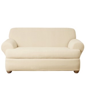 Stretch Pinstripe T-Loveseat Slipcover Cream - Sure Fit, Ivory