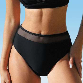 Women's Black Mesh Mid-Rise Bikini Bottoms Swimsuit - Cupshe