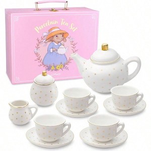 Porcelain Tea Set - White with Gold Polka Dots, Complete Tea Party Set with Carry Case, Teapot Cups, Birthday Gift - 1 of 4