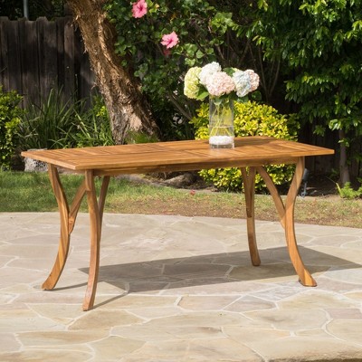 59" Dining Table, Solid Wood Farmhouse Kitchen Table With Curved Legs, Slat Design And Smooth Surfaces, Heavy Duty Teak Finish Outdoor Dining Table
