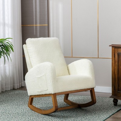 Modern Glider Chair, Recliner Armchair with Wood Legs and Side Pocket, Nursery Rocking Accent Chair with High Back for Living Room Bedroom