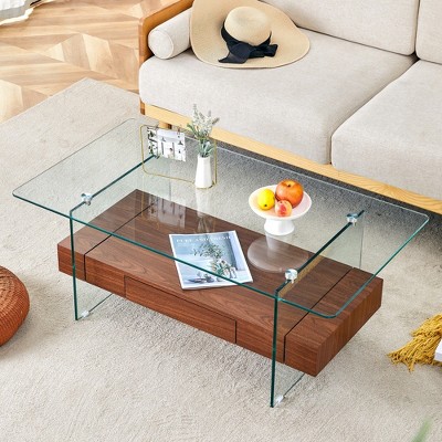 VYNXARIA 43.3 Inch Modern Two-Tier Coffee Table - Glass & Dark Wood Grain Storage Solution