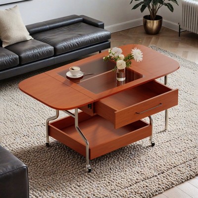 Round Lift-Top Coffee Table with Wheels, Metal Frame and Multi-Color Lighting in 27.6" - Leovsnove