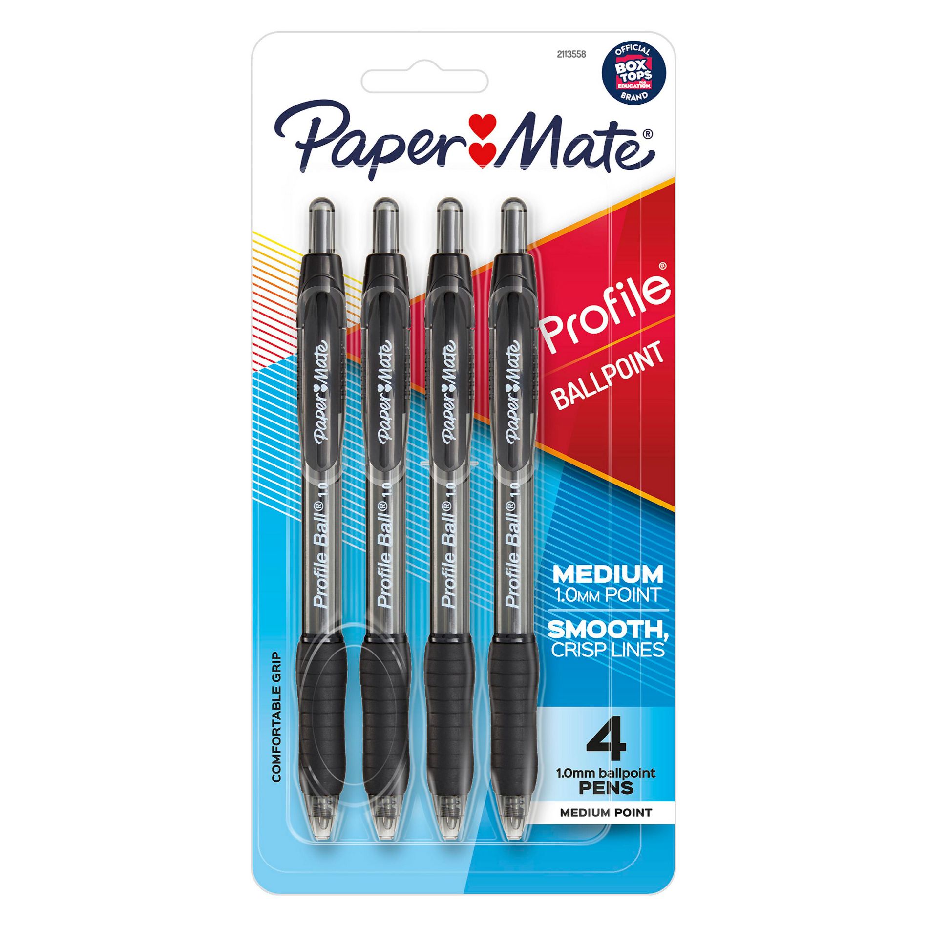Paper Mate Profile 4pk Ballpoint Pens 1.0mm Medium Tip Black: Retractable Ink Pens with Contoured Grip & Pocket Clip
