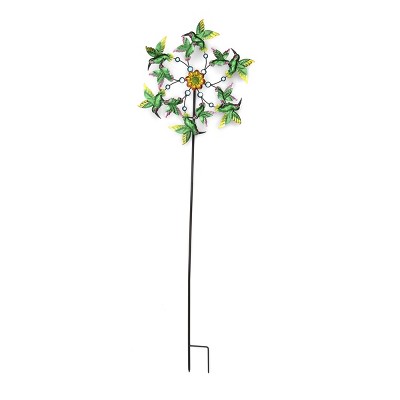 Green and Yellow Metal Hummingbird Garden Wind Spinner Stake