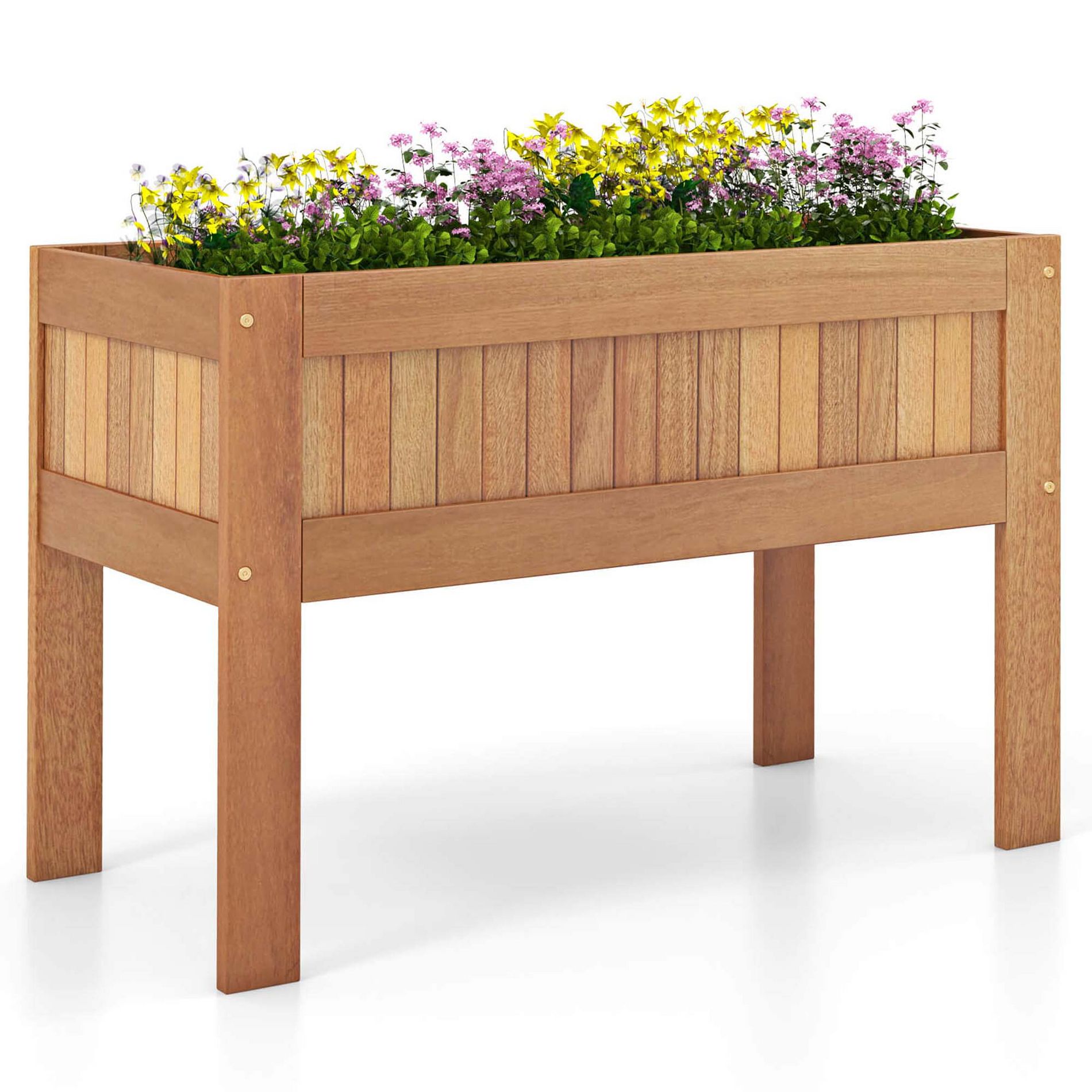 Costway Wooden Elevated Planter Box with Solid Wood Frame & Sturdy Legs Slatted Bottom