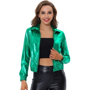 INSPIRE CHIC Women's Holographic Shiny Long Sleeve Metallic Zip Front Track Jacket - 1 of 4