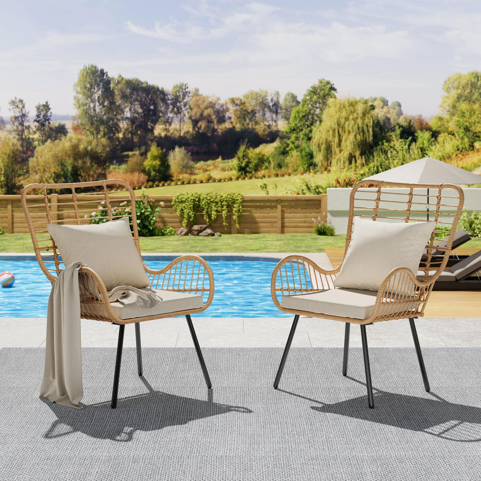 2 Pieces Outdoor Rattan Chairs, All-Weather Wicker Furniture for Porch, Backyard with Cushions & Pillows Brown