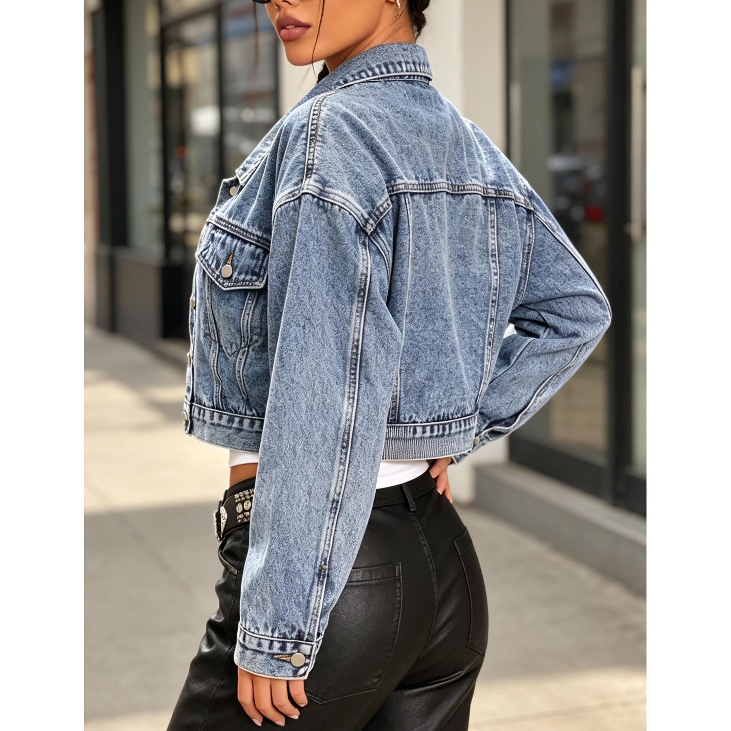 Женская куртка YesFashion Women Cropped Denim Jacket Lapel Collar Button‑Down Short Jean Coat Vintage Loose Fit Outerwear, L, Blue, цвет: Джинсовый — фото 3