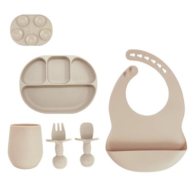 AOSTIRMOTOR Silicone Baby Feeding Set Mug Suction Plate Bib Spoon and Fork Silicone Baby Dining Set