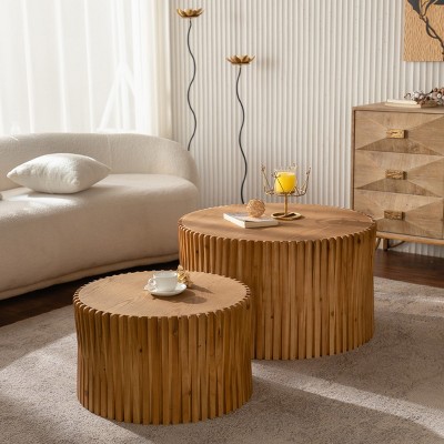 Vintage Round Nesting Coffee Table Set Of 2,Coffee Table With Vertical Textured Embossed Design,Wooden Living Room Coffee Table-Coolbibila