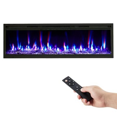 GustoWave 60 Inch Fireplace Wall Mounted/Recessed,12 Color Flames, 4.2 inch Ultra Thin Linear Fireplace Heater with Timer, Log & Crystal Options