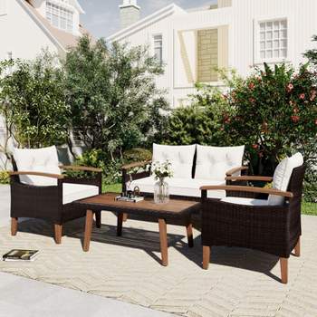 4-Piece PE Rattan Patio Conversation Sets with High Quality Acacia Wood Table, Armrests and Legs, Free Desktop Cover - Maison Boucle