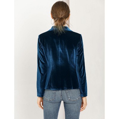 INSPIRE CHIC Women's Christmas Office Solid Shawl Collar Jetted Pockets One Button Velvet Blazer 2 Packs Deep Blue/Green Medium — фото 5